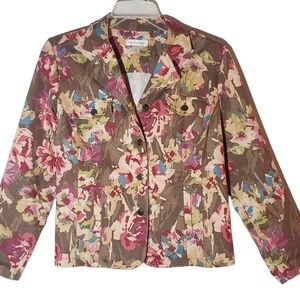 Christopher&Banks women's large floral print button down collared jacket.